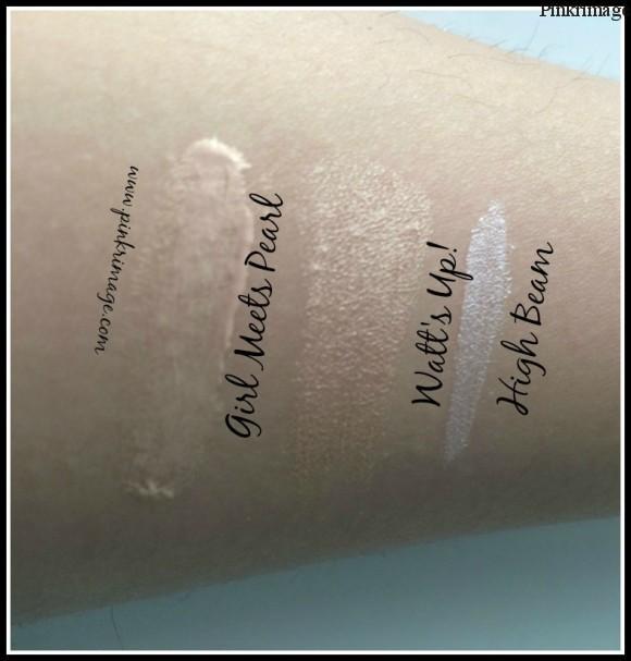 Benefit highbeam,Girl meets pearl and Watts up highlighter swatches india