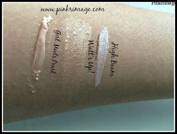 Benefit highbeam,Girl meets pearl and Watts up highlighter swatches